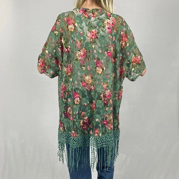 Sweet Rain Sage Floral Mesh Fringe Cardigan Cover Up Shawl Sz Medium - Picture 3 of 11